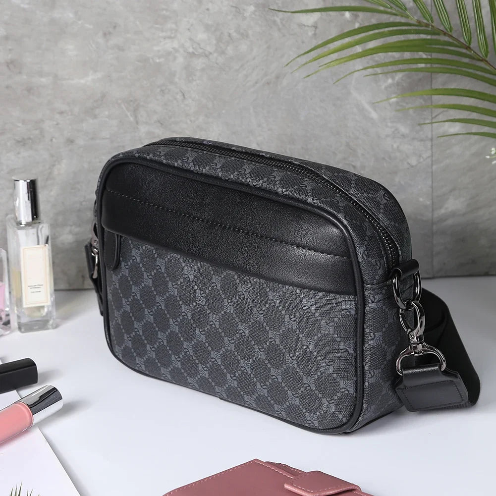 Casual Business Shoulder Bag for Men PU Leather Messenger Bag Wide Strap Crossbody Bags Square Plaid Designer Male Sling Bags