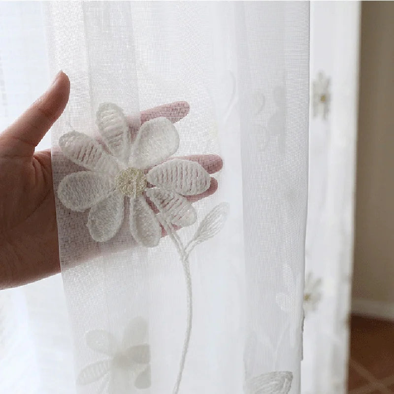 Luxury Floral Embroidered Sheer Curtain for Living Room White Voile Curtain Panel Window Drapery for Bedroom Sliding Glass Door