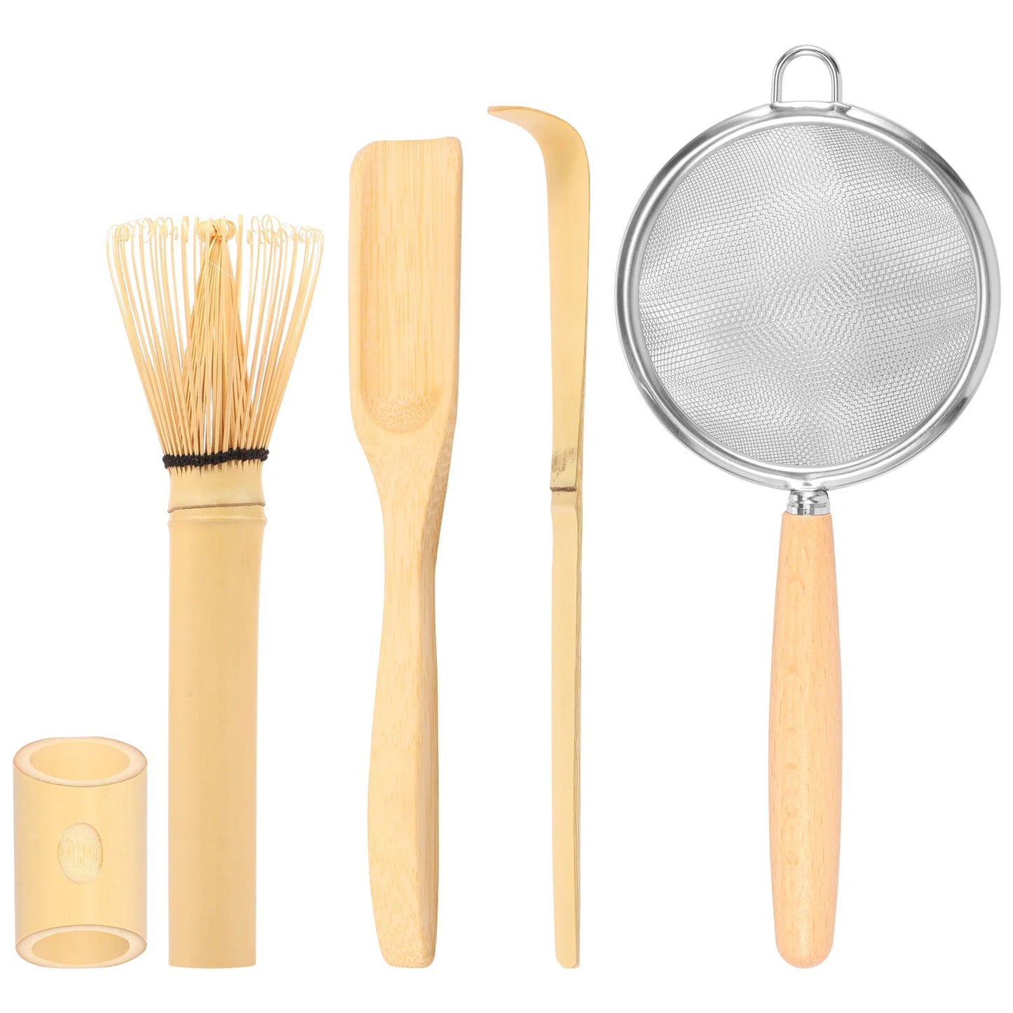 4/5Pcs Matcha Whisk Set Handmade Bamboo Matcha Whisk Traditional Tea Scoop Deep Scoop Tea Strainer Clear Whisk Storage Holder
