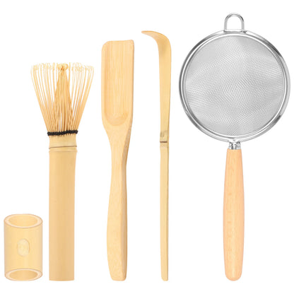 4/5Pcs Matcha Whisk Set Handmade Bamboo Matcha Whisk Traditional Tea Scoop Deep Scoop Tea Strainer Clear Whisk Storage Holder