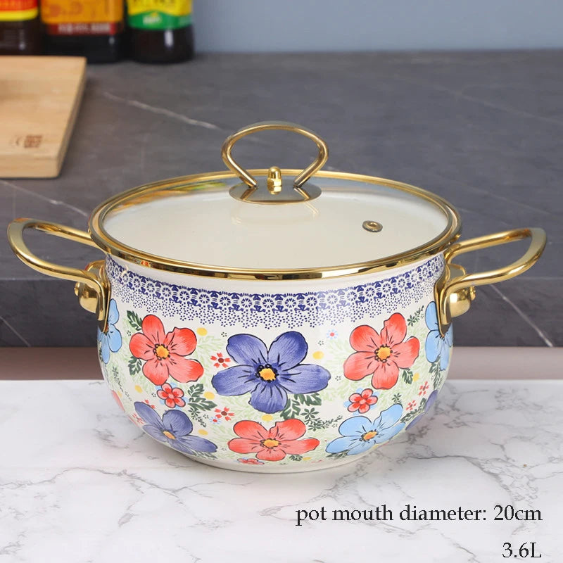 Enamel Soup Pot Retro Flower Bird Binaural Large Capacity Stew Pot with Lid Home Enamel Utensils for Kitchen Delicate Cookware