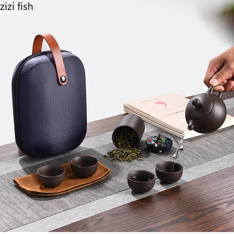Purple Clay Travel Tea Set Outdoor Portable Kung Fu Tea Set Teas Infuser Teapot Teacup Filter Teas Brewing Utensils Teaware Sets