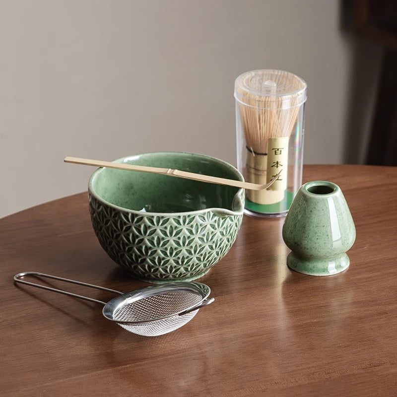 Japanese Matcha Set 2/5/6 Pieces - Green Pattern Tea Bowl, Bamboo Stirrer, Spoon & Filter - Traditional Japanese Tea Ceremony
