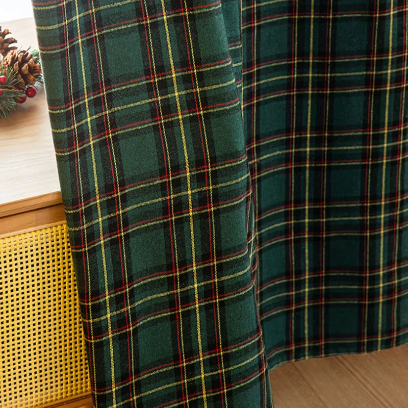 Classic Christmas Plaid Pom Pom Curtains Semi-Blackout for Balcony/Bay Window American Style Decor
