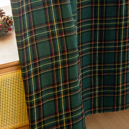Classic Christmas Plaid Pom Pom Curtains Semi-Blackout for Balcony/Bay Window American Style Decor