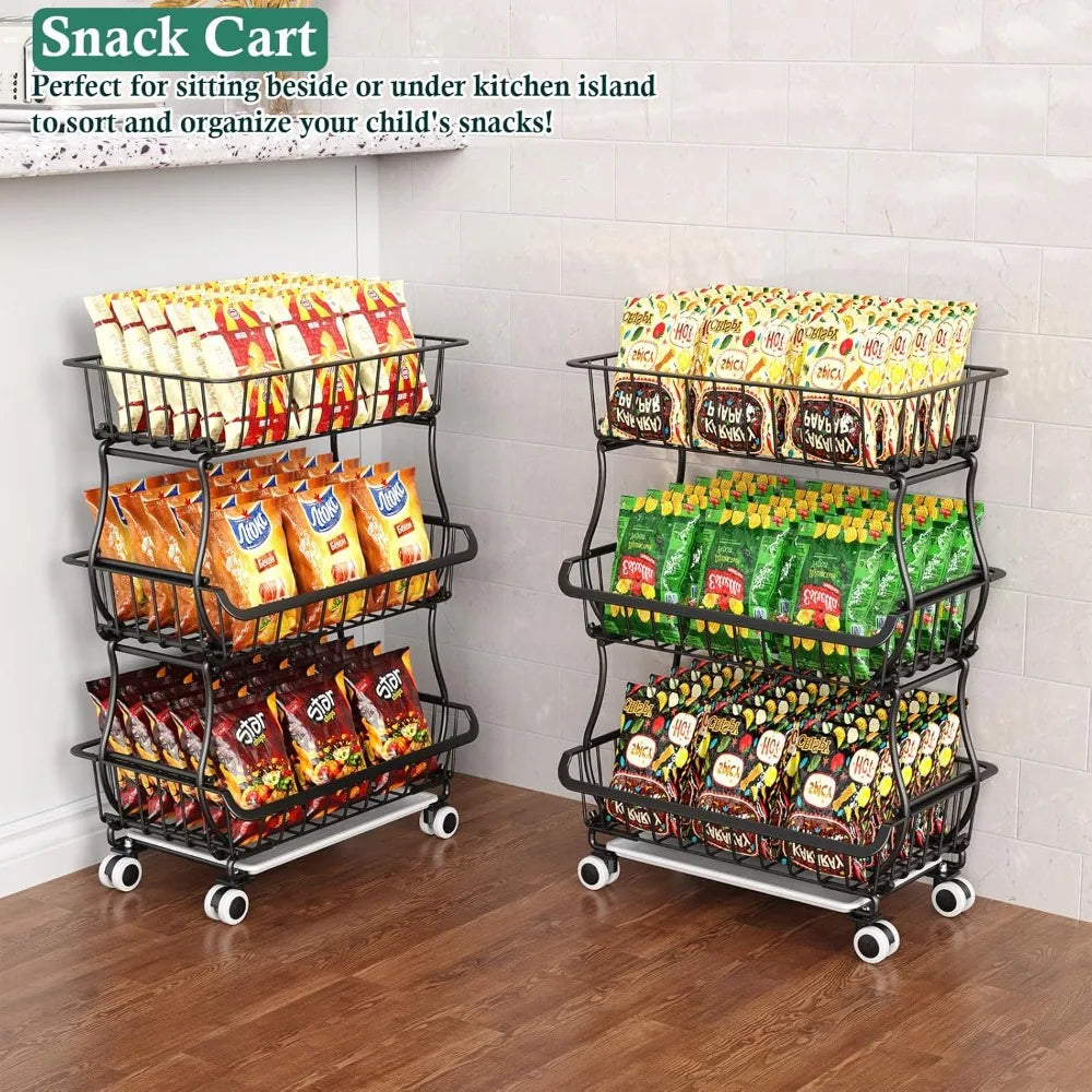 Pantry Floor Organizer and Storage Cart with Wheels, Stackable Wire Pantry Baskets for Pantry Shelves, Kitchen Fruit Basket