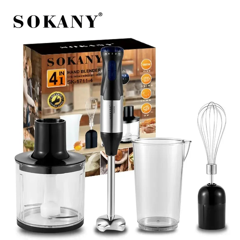 Nedsænkning blender håndholdt 4 i 1, 1000W 5 hastighed elektrisk stål mixer stick køkken gadget til babymad, suppe, kød hakning