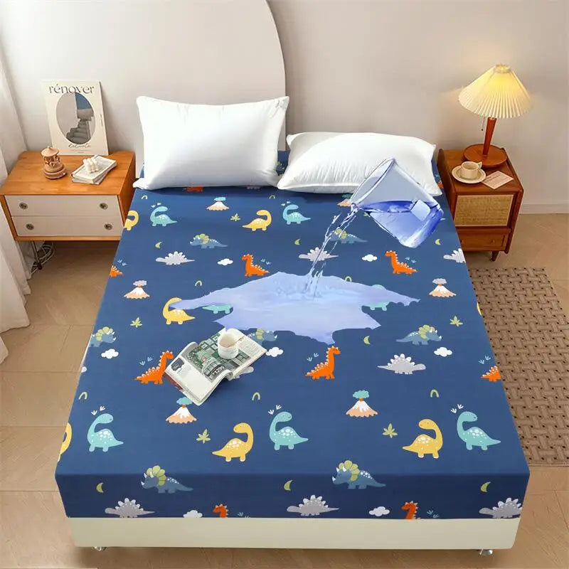 Kuup-Polyester 360° waterproof Cartoon Fitted Sheet Only(no pillowcase) Elastic Band Around Mattress Cover King Size Bed Cover