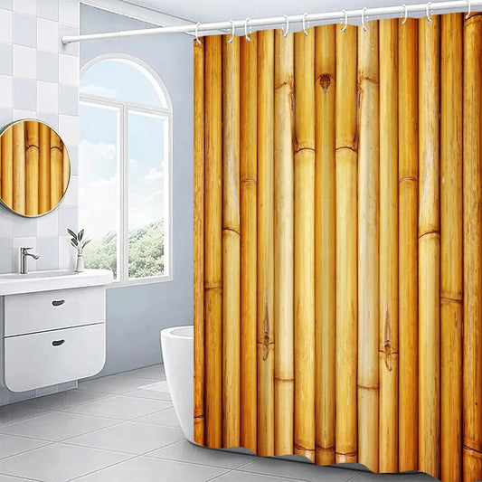 3D Bamboo Shower Curtain Set Wood Grain Pattern Flowers Lotus Painting Bathroom Decor Polyester Fabric Bath Screens Cortina Baño