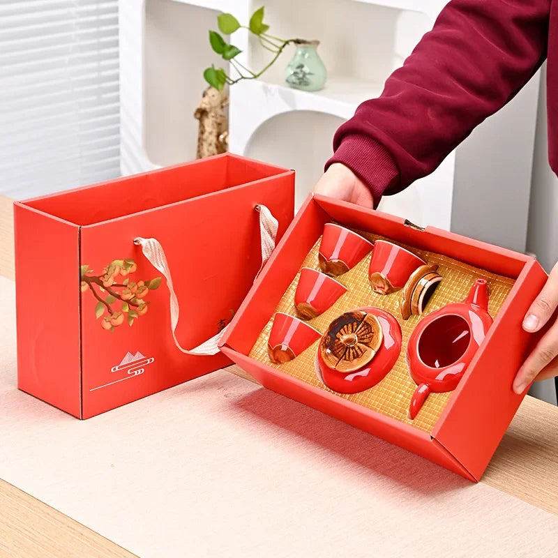 Ceramic Persimmon Kung Fu Tea Set Wedding Gift Chinese Red Wedding Banquet Set Gift Box Tea Set