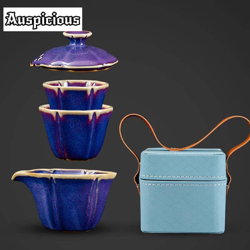 Jun Kiln Celadon Hand-grasp Pot Portable Travel Tea Set Kit Vintage 1 Pot 2 Cups Tea Maker Leather Tote Bag Kung Fu Teaset Gifts