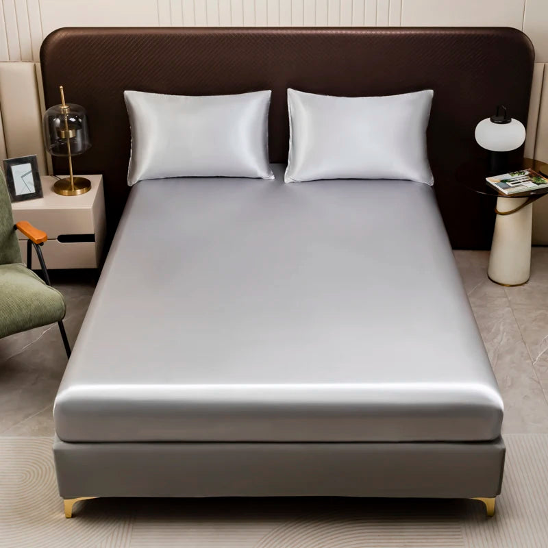 1Pc Satin Fitted Sheet Solid Colour Twin Full Queen Ice Silk Mattress Cover Natural With Elastic Band Bed Sheet (No Pillowcase)