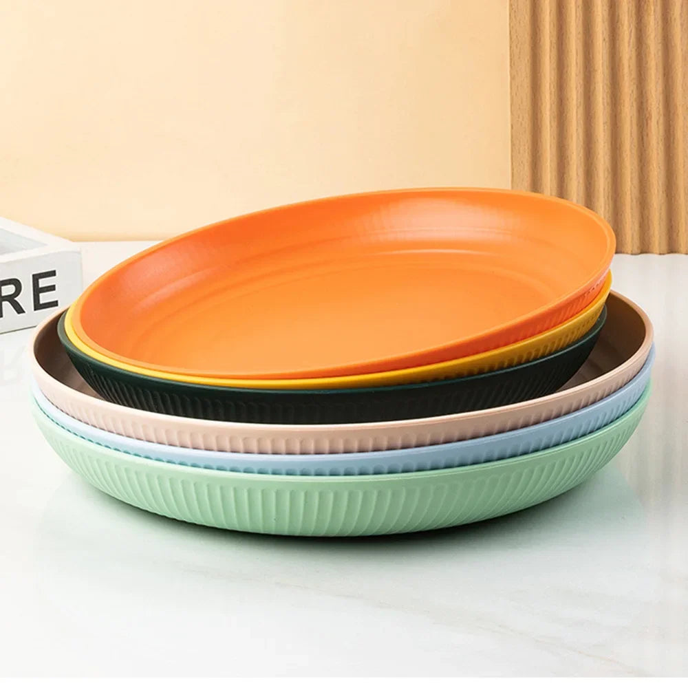 23cm Round Salad Dessert Dinner Plate Stackable Unbreakable Reusable 4Pcs Wheat Straw Dish Microwave Safe Fruit Plate for Dining