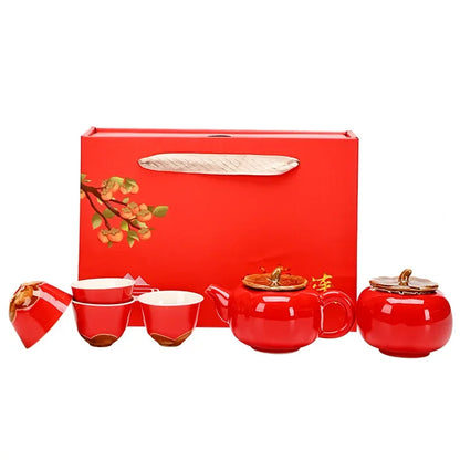 Ceramic Persimmon Kung Fu Tea Set Wedding Gift Chinese Red Wedding Banquet Set Gift Box Tea Set