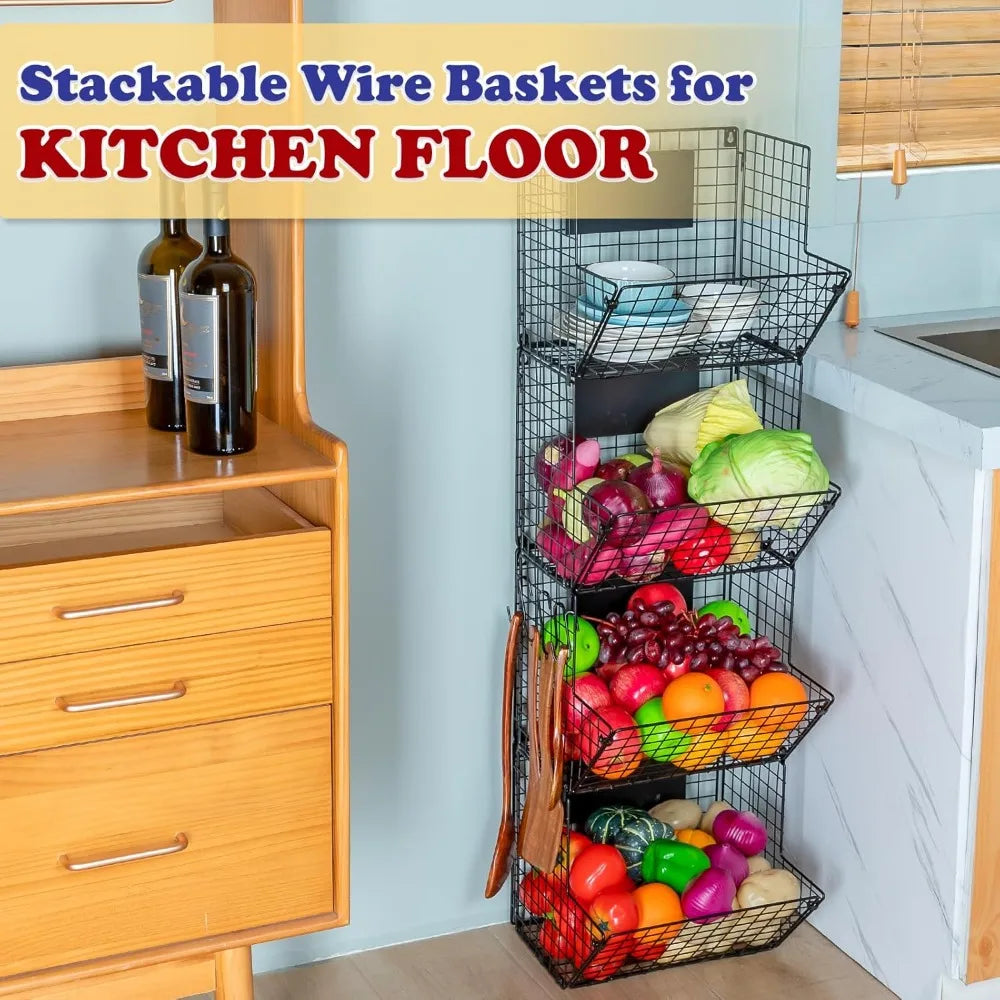 Metal Wire Basket Wall Mount, 4 Tier Extra Large Wall Storage Basket Organizer with Chalkboards, Kitchen Fruits and Vegetables