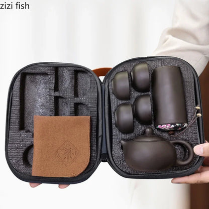 Purple Clay Travel Tea Set Outdoor Portable Kung Fu Tea Set Teas Infuser Teapot Teacup Filter Teas Brewing Utensils Teaware Sets