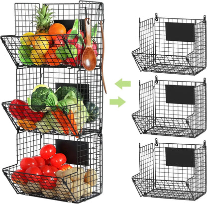 Metal Wire Basket Wall Mount, 4 Tier Extra Large Wall Storage Basket Organizer with Chalkboards, Kitchen Fruits and Vegetables