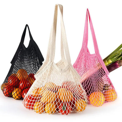 1pc Reusable Grocery Mesh Bag Organic Cotton String Shopping Bags Long Handle For Fruit Vegetable Storage