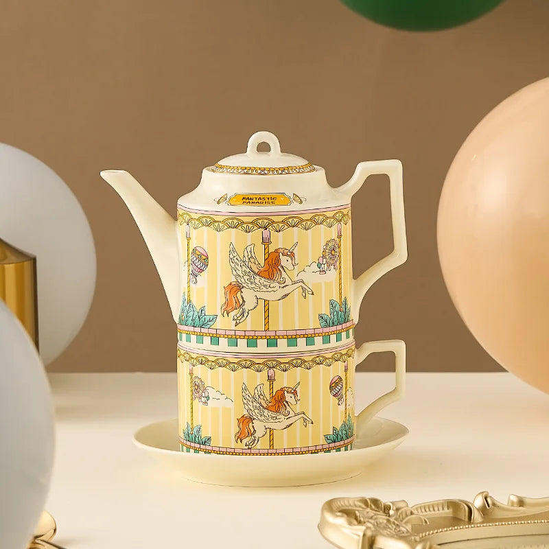 Ceramic Teaware Sets Teapot Teacup & Saucer and Spoon Carousel Pattern Stackable English Afternoon Tea Set  for Household Gifts