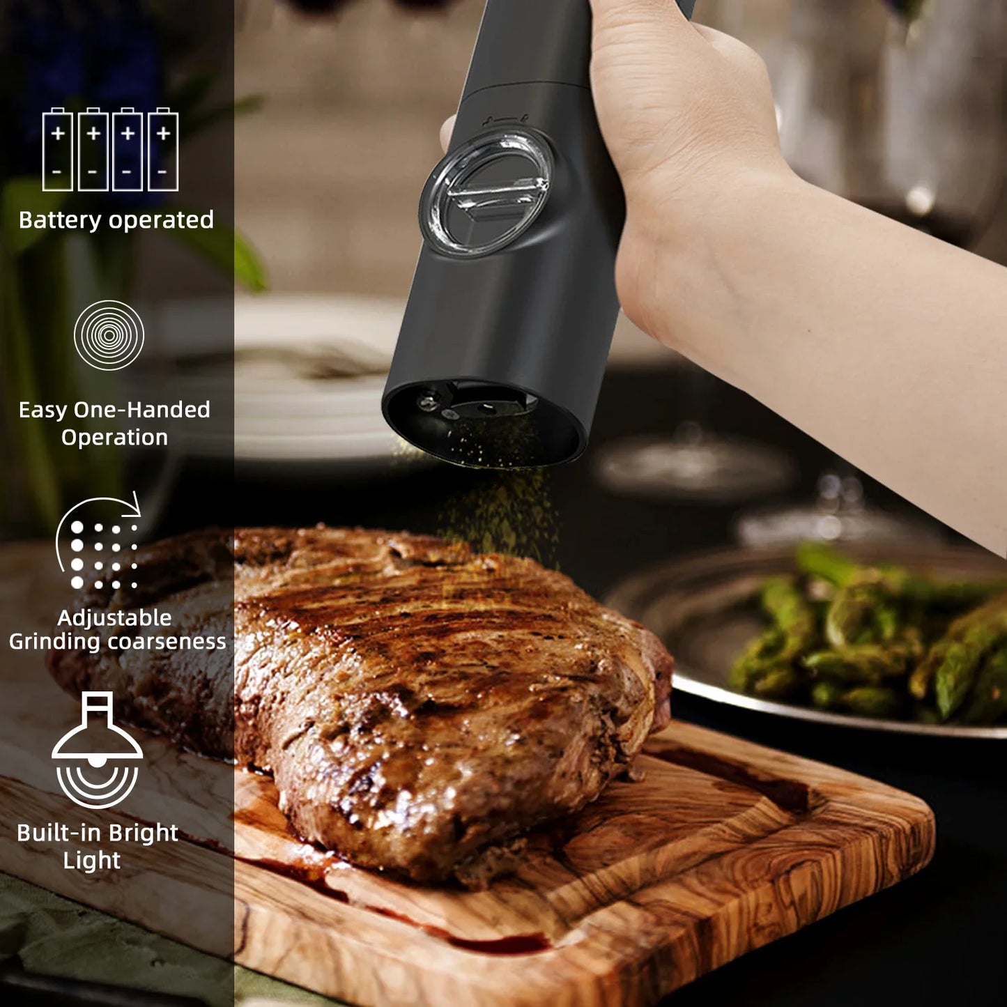 Pimienta automática de molino automático y molinillo de sal con batería basada alimentada con luz LED ajustable herramienta de cocina