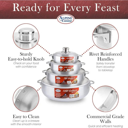 Nonstick Aluminum Caldero Set 8Piece Cookware with Lids Ideal for Stews Soups Rice 2 Qt 3.5 Qt 7 Qt 13 Qt Pots Silver