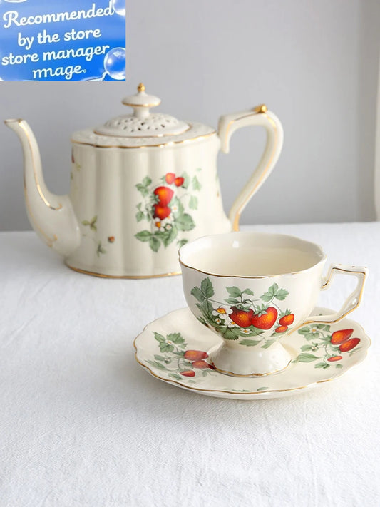 French Strawberry Teapot Coffee Cup and Saucer Set, Dessert Plate, Ceramic European Afternoon Tea for Party, Home Decoration