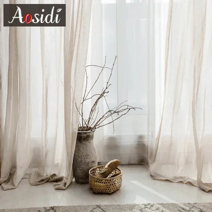Beige linen look tulle curtains for living room Modern flax sheer curtains for bedroom Solid voile cortina for kids window drape