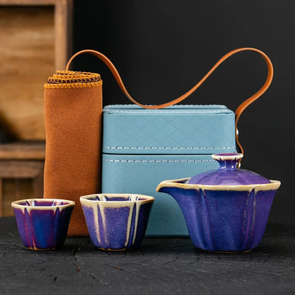 Jun Kiln Celadon Hand-grasp Pot Portable Travel Tea Set Kit Vintage 1 Pot 2 Cups Tea Maker Leather Tote Bag Kung Fu Teaset Gifts