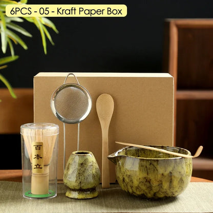 4PCS/6PCS Japanese Ceramic Matcha Teaset Safe Bamboo Brush Teaspoon Whisk Holder for Matcha Lover DIY Tea-Making Tools