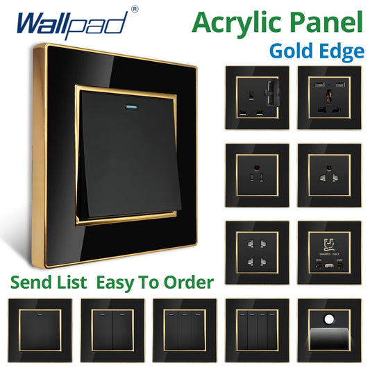 Pannello acrilico nero muro di wallpad con bordo dorato uk prese e interruttori statunitensi 220v 1/2/3/4 banda 1 2 contatto momentaneo a 3 vie