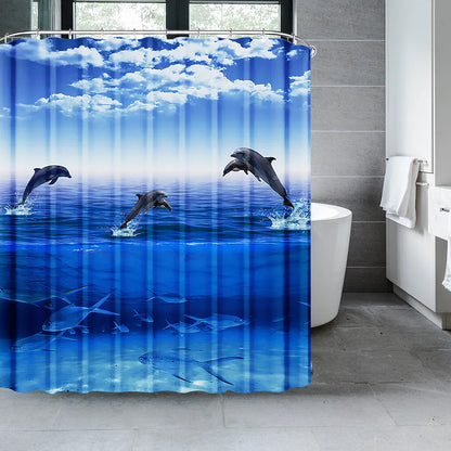 Dolphin Shower Curtain Blue Underwater World Marine Life Polyester Fabric Kids Ocean Theme Bathroom Decor Set with 12 Hooks