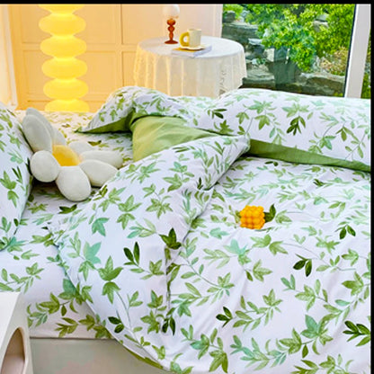 2/3pcs Juego de tapa nórdica de estampado de flores verdes con estuche de almohada colchado de cama de edredón