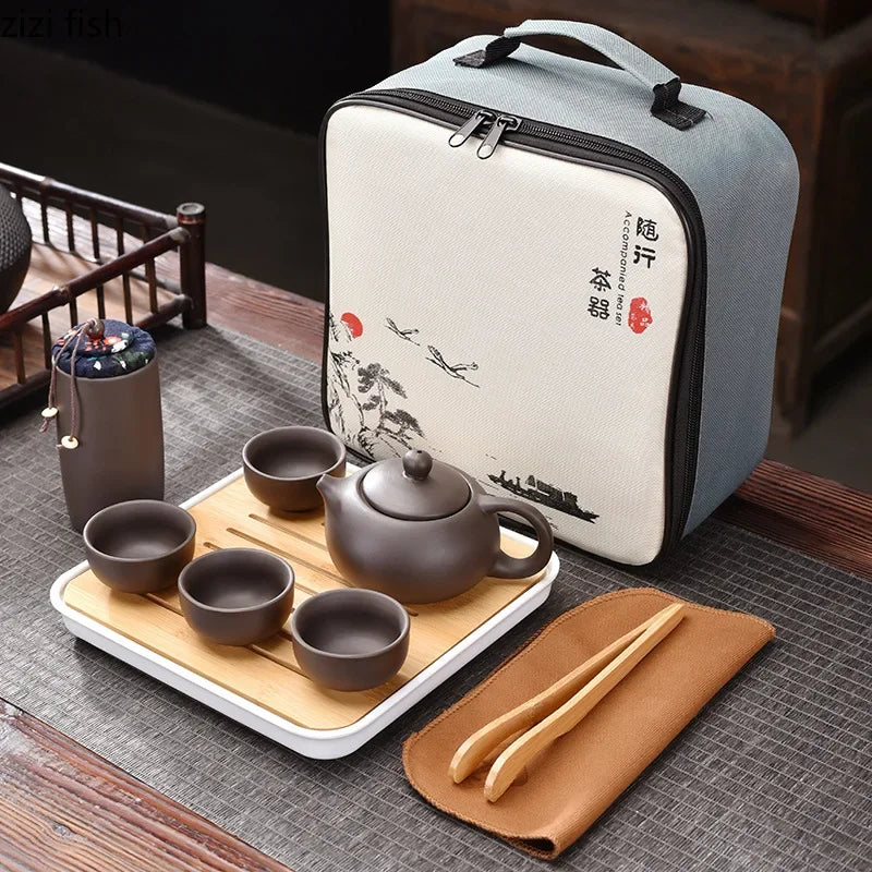 Purple Clay Travel Tea Set Outdoor Portable Kung Fu Tea Set Teas Infuser Teapot Teacup Filter Teas Brewing Utensils Teaware Sets