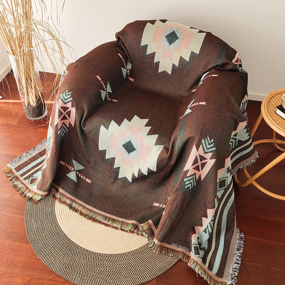 Aztec-viltti, ylisuuri boho-heittohuopa reunalla, lounaaseen geometrinen kuvakudoksen vintage kudottu heittohuovat, kaksois-si