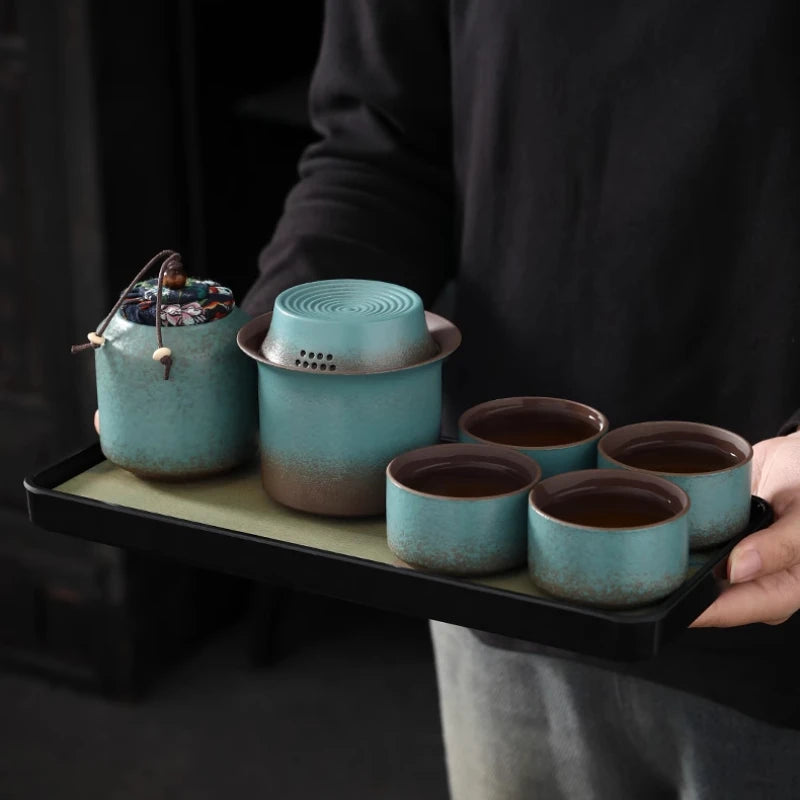 Kiln turned retro spring green coarse pottery, a pot of 4 cups of tea, small box, simple outdoor living room, tea room