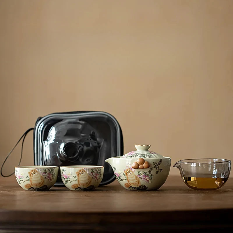 Cream Ru Kiln Porcelain Quick Guest Tea Set Portable Travel Tea Set