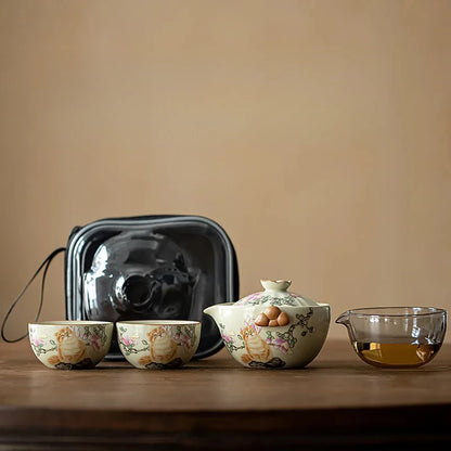 Cream Ru Kiln Porcelain Quick Guest Tea Set Portable Travel Tea Set