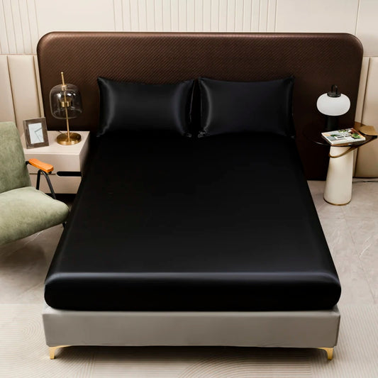1Pc Satin Fitted Sheet Solid Colour Twin Full Queen Ice Silk Mattress Cover Natural With Elastic Band Bed Sheet (No Pillowcase)