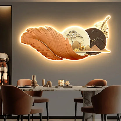 Modern Luxury Wall Clock LED Feather 3d Decorative Painting Large Wall Clock with Light Sofa Background Living Room Decoration