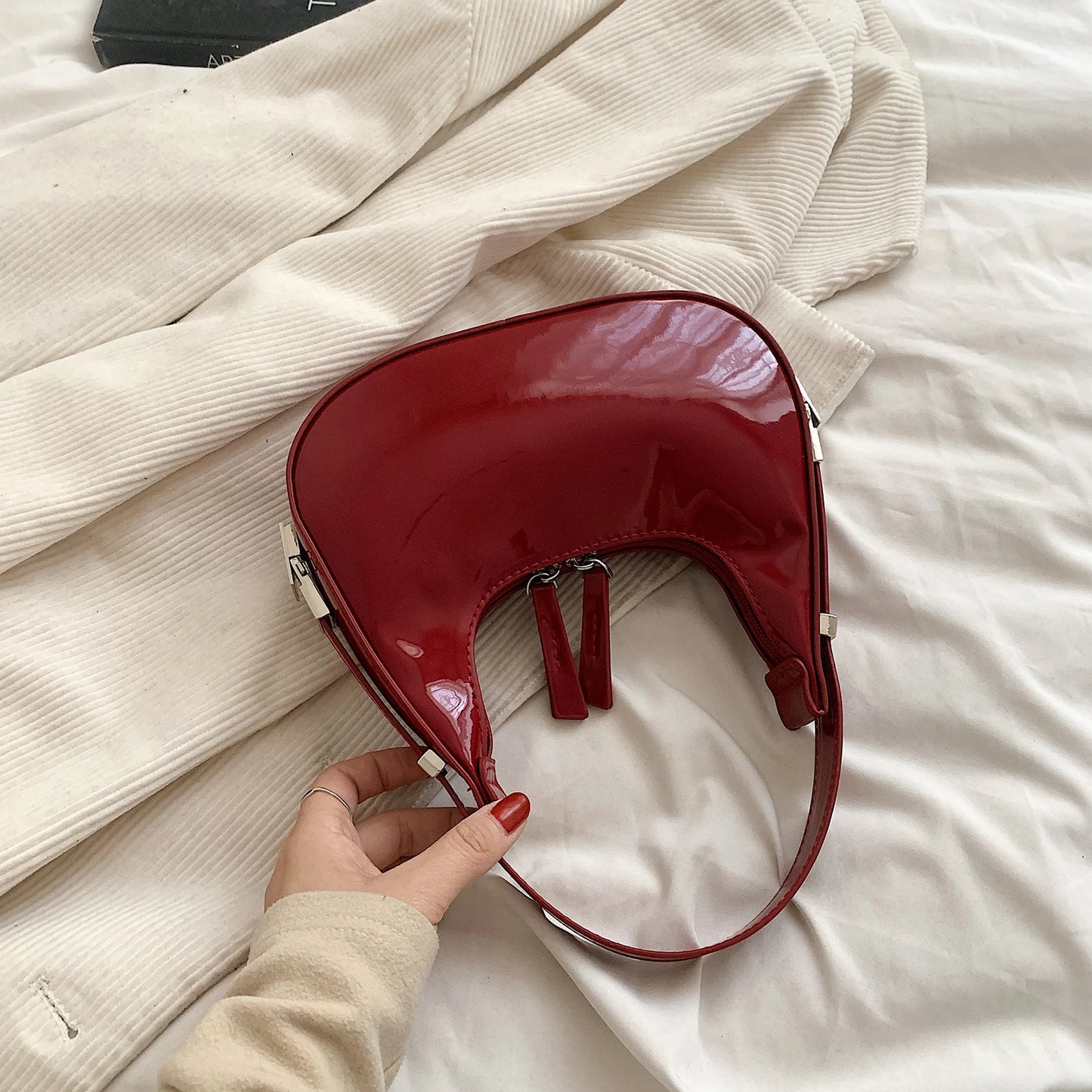 Half Moon Bag Vintage PU Leather Small Handbag Luxury Brands Women Shoulder Bags Retro Red Ladies Armpit Purses Girls Mini Totes