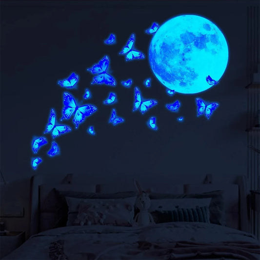 4Pcs/Set Moon & Butterfly Glow In The Dark Wall Sticker Bedroom Home Wall Decoration