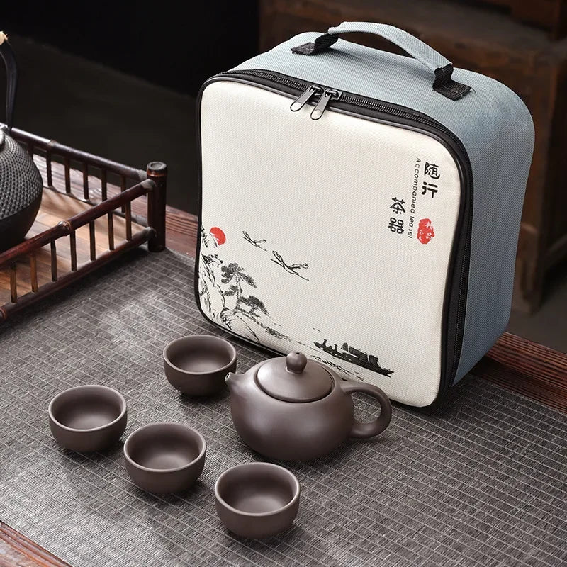 Purple Clay Travel Tea Set Outdoor Portable Kung Fu Tea Set Teas Infuser Teapot Teacup Filter Teas Brewing Utensils Teaware Sets