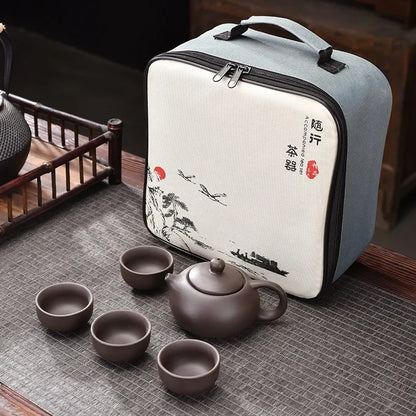 Purple Clay Travel Tea Set Outdoor Portable Kung Fu Tea Set Teas Infuser Teapot Teacup Filter Teas Brewing Utensils Teaware Sets