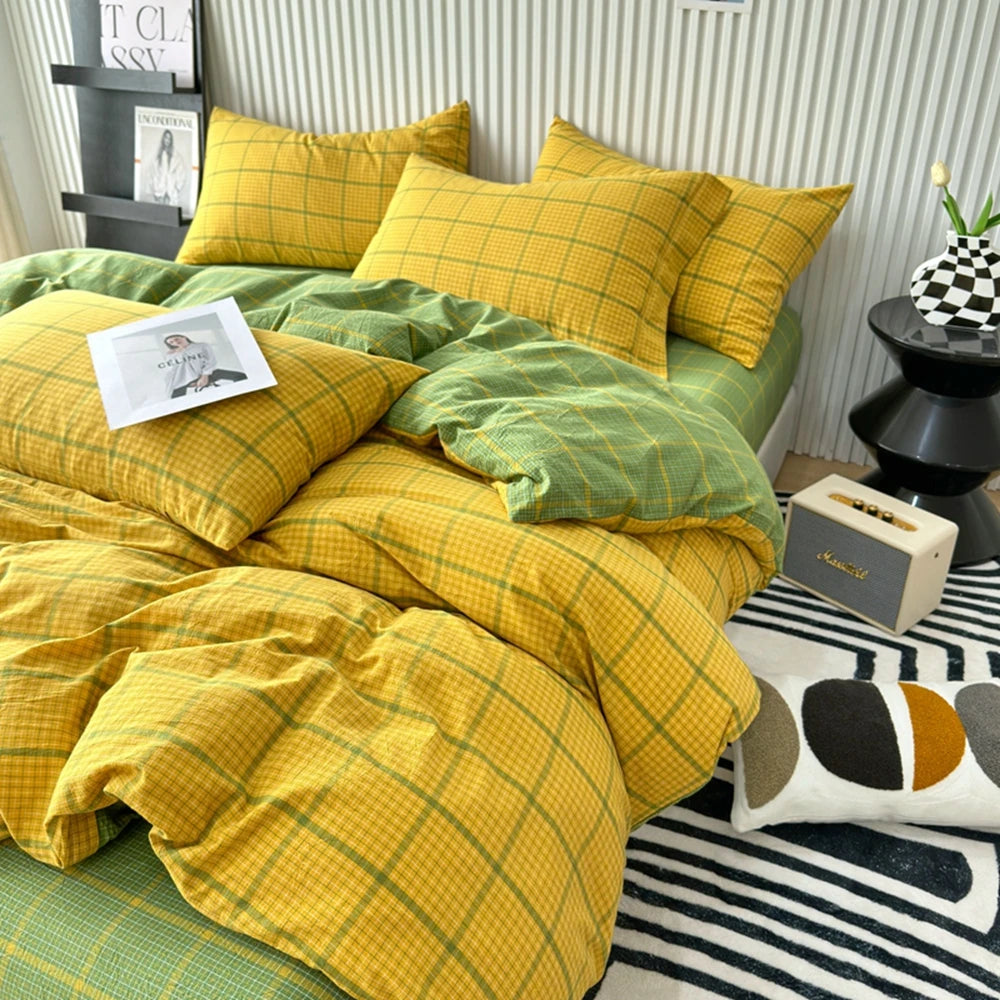 Pure Cotton Japanese Style Duvet Cover With Plaid Print  King Four Seasons Universal Bedding Cover Comfortable and Skin-friendly