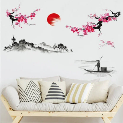 Chinese Style Sakura Japanese Pink Cherry Blossom Tree Decoration Mural Decals Wall Sticker Poster Wallpaper Decor.