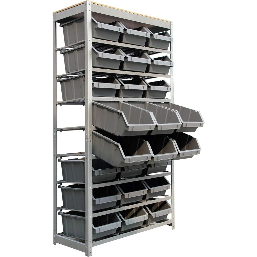 king's rack bin rack storage system heavy duty steel rack organizer shelving unit w/ 24 plastic bins in 8 tiers