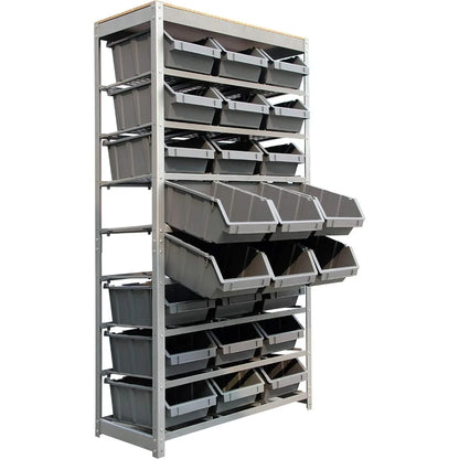 king's rack bin rack storage system heavy duty steel rack organizer shelving unit w/ 24 plastic bins in 8 tiers