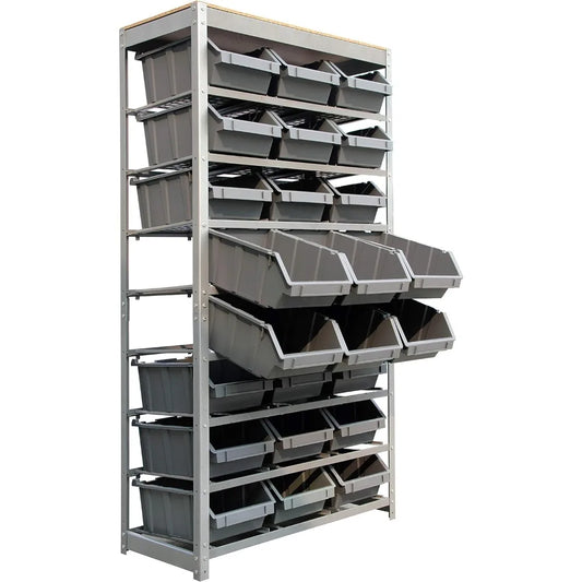 king's rack bin rack storage system heavy duty steel rack organizer shelving unit w/ 24 plastic bins in 8 tiers