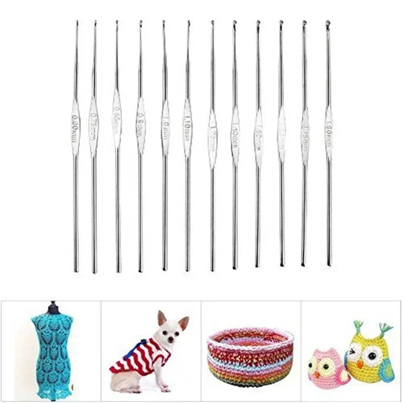 12pcs Metal Handle Crochet Hook Knitting Needles Set Small Sizes 0.6-1.9mm DIY Lace Crochet Needles for Yarn Weave Tools