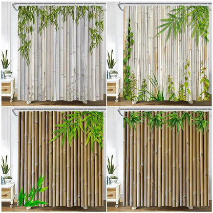 Brown Bamboo Shower Curtains Green Leaves Plant Spring Garden Scenery Wall Hanging Modern Fabric Bathroom Decor Bath Curtain Set